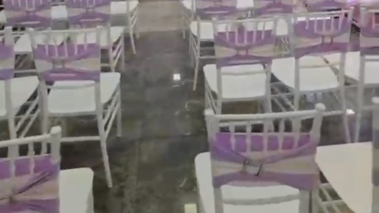 The banquet hall at Meera Celebration set with chairs for a wedding