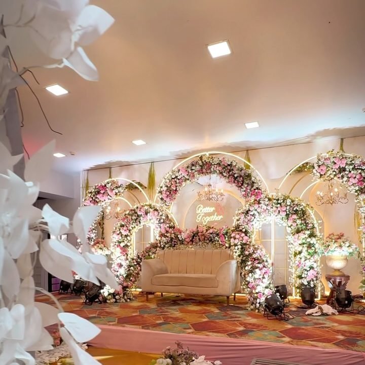 Banquet hall decorated for a reception